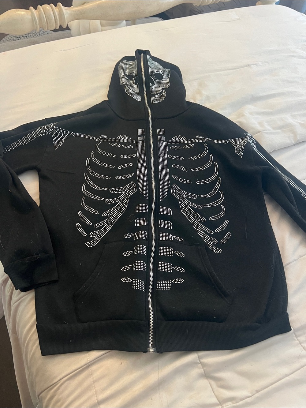 Black Zip-Up Hoodie with Rhinestone Skeleton Design unisex